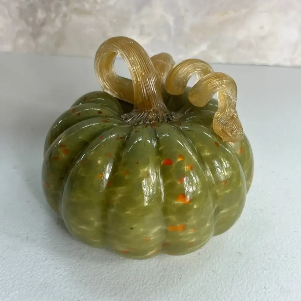 Hand Blown Art Glass Pumpkin Twist Stem Orange & Green 5